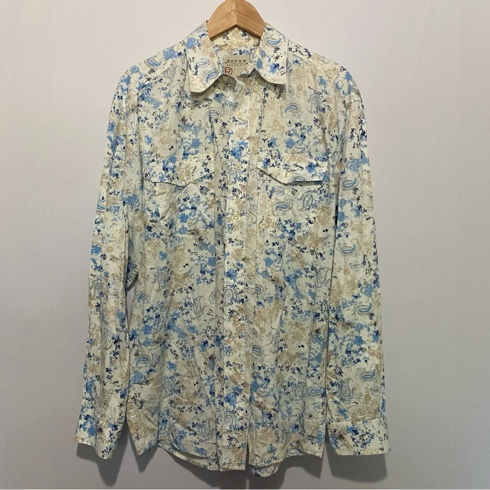 Roper Western Button Shirt L | Blue Paisley Cowboy Rodeo Top Office Cotton‎